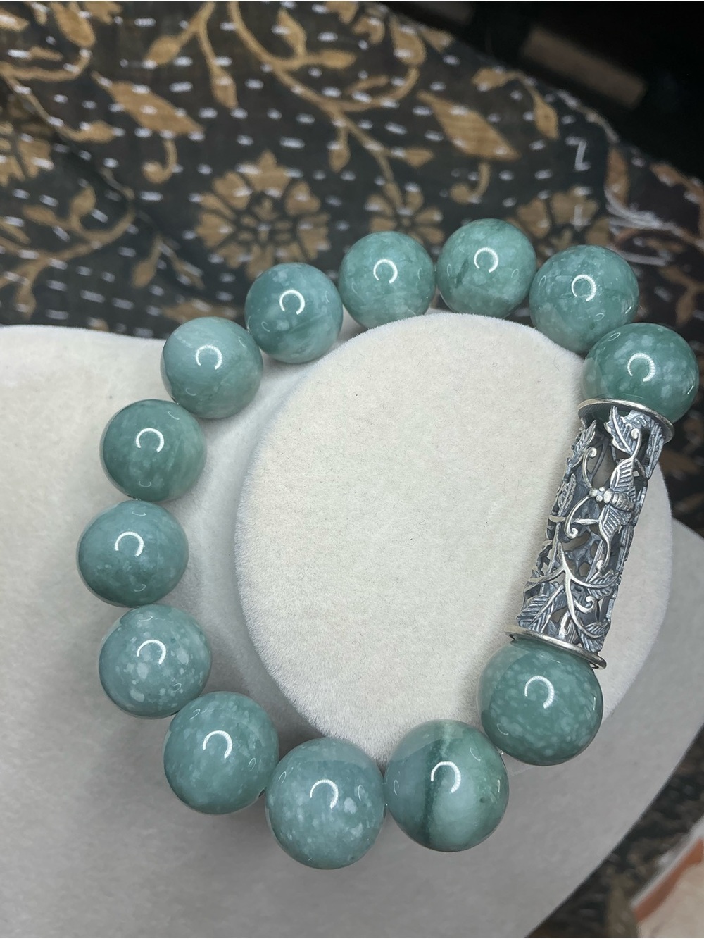 Blue Water Jade 13mm with Luna Moth Tibetan Bridge - Picture 2 of 4
